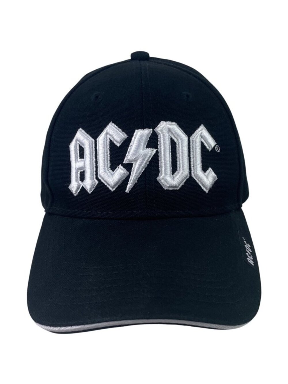 AC/DC White Embroidered Logo Adjustable Black Baseball Hat Distressed